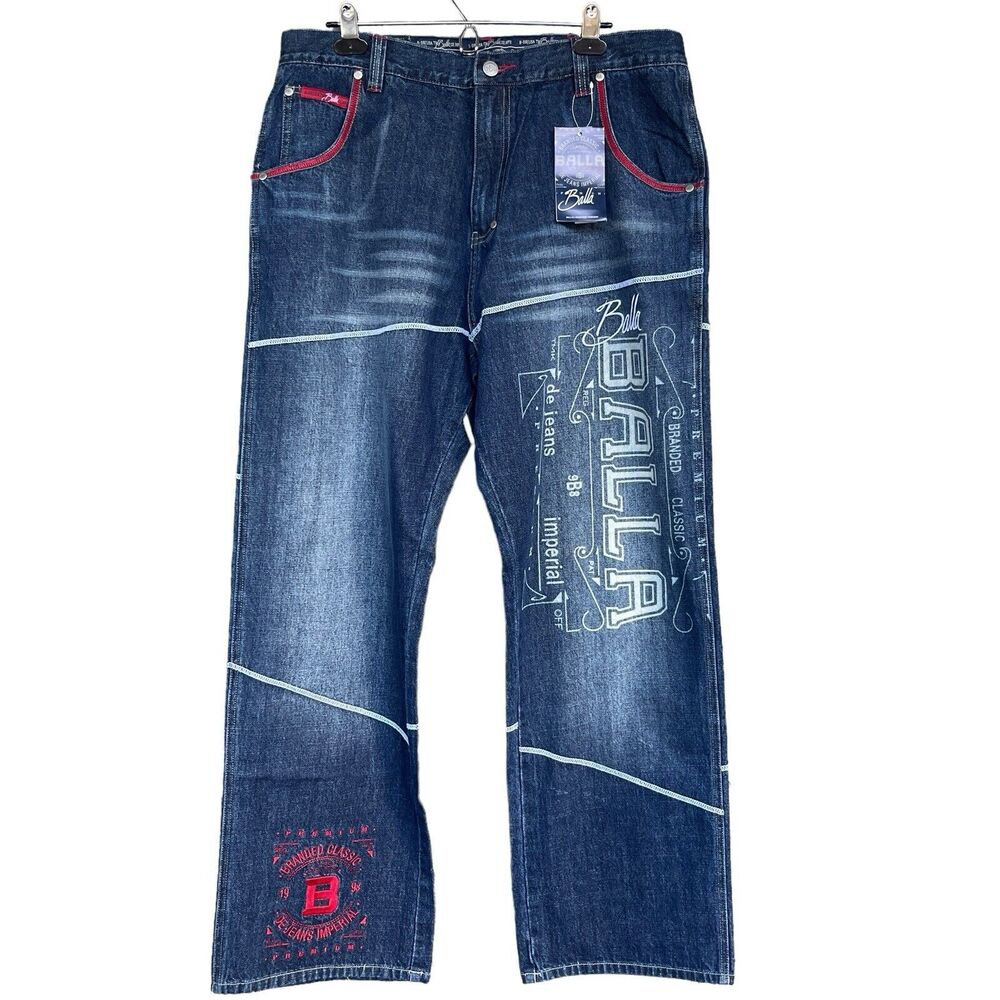 Vintage Balla Y2K Baggy Jeans Mens 36/34 Blue Embroidered Deadstock‎ Wide Leg